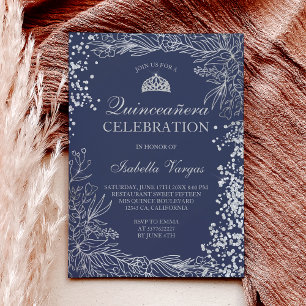 Invitation Argent floral marine bleu photo Tiara Quinceañera