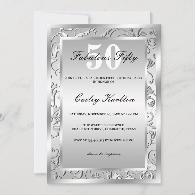 Invitation Argent Flourish Ornate Motif Fabulous Cinquante (Devant)