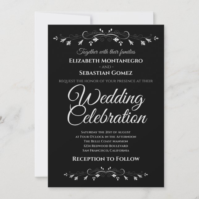 Invitation Argent Flourish sur Noir Simple Mariage élégant (Devant)