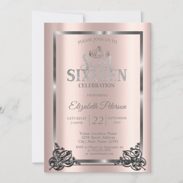 Invitation Argent Frame, Bordure, Tiara Rose Gold Sweet 16 (Devant)