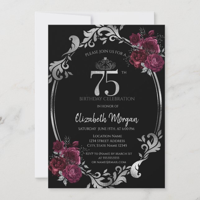 Invitation Argent Frame Bourgogne Rose Noir 75e anniversaire (Devant)