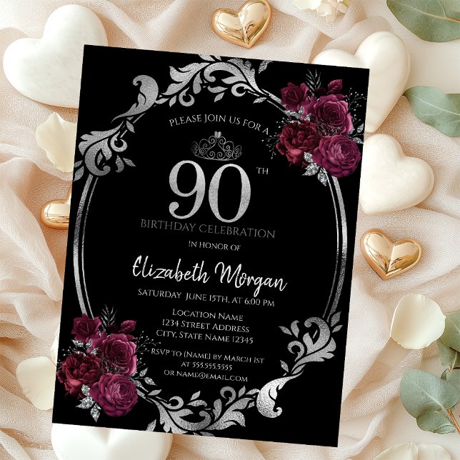 Invitation Argent Frame Bourgogne Rose Noir 90e anniversaire (Créateur téléchargé)