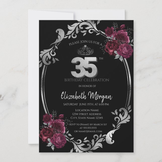 Invitation Argent Frame Bourgogne Roses Noir 35e anniversaire (Devant)