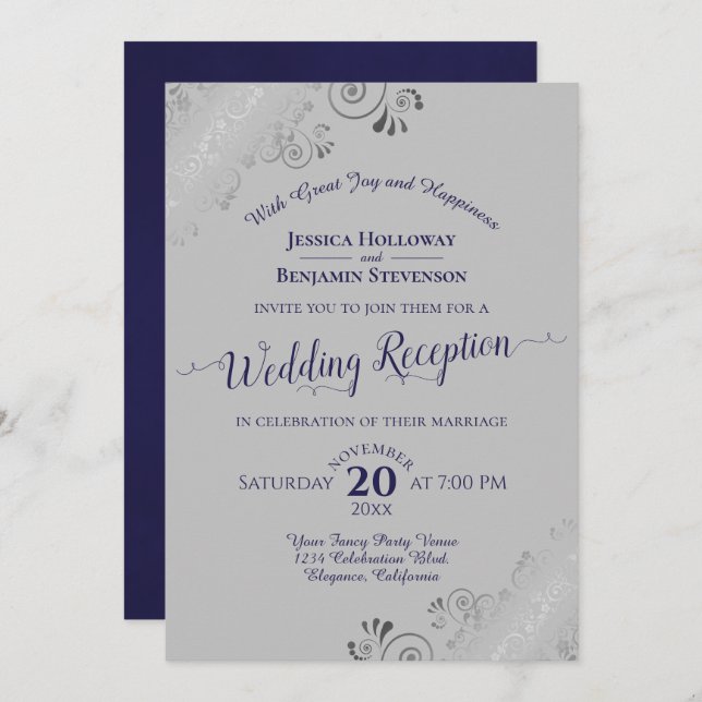 Invitation Argent Frills Marine Blue & Grey Mariage Réception (Devant / Derrière)