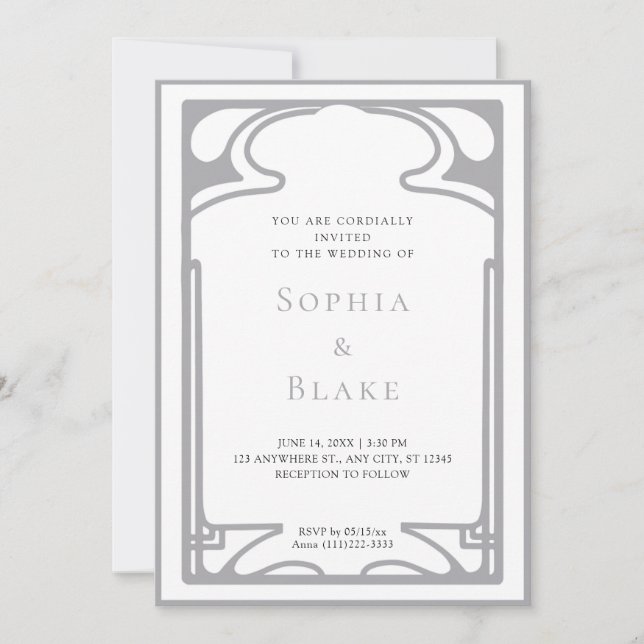 Invitation Argent géométrique et Mariage Art déco blanc (Devant)
