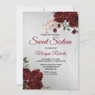 Invitation Argent Go Bourgogne Rouge Rose Floral Sweet 16 Inv