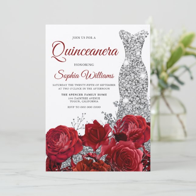Invitation Argent Gown Red Roses Shimmer Quinceanera Party (Debout devant)