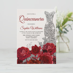 Invitation Argent Gown Red Roses Shimmer Quinceanera Party