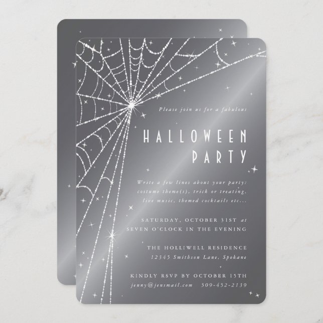 Invitation Argent gris araignée Web Halloween Party (Devant / Derrière)