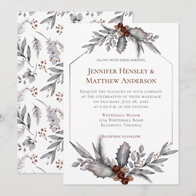 Invitation Argent, Gris Bleu, Mariage d'hiver Brown rouillé (Devant / Derrière)