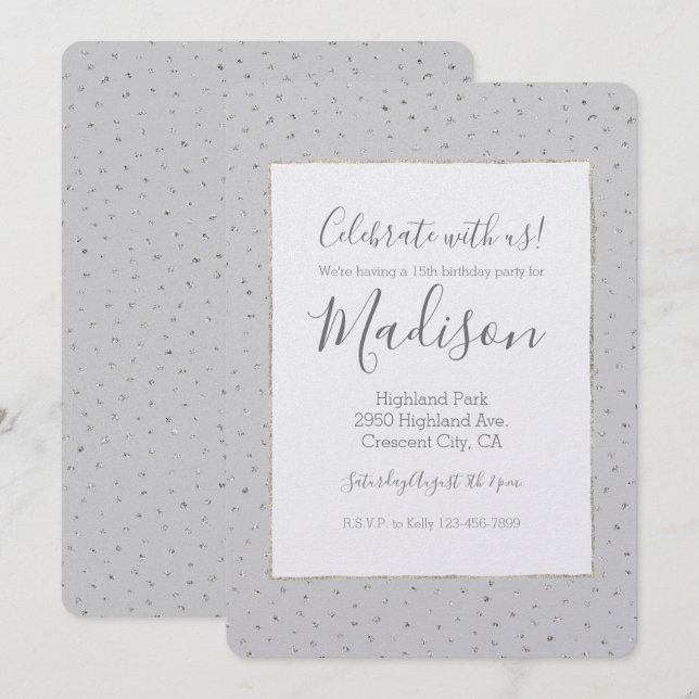 Invitation Argent gris Confetti Anniversaire (Devant / Derrière)