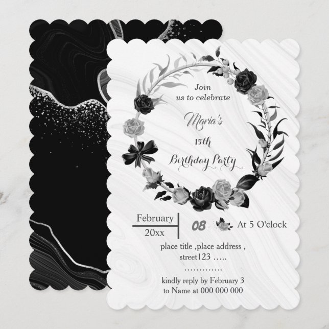 Invitation argent gris et fleurs noires couronne anniversaire (Devant / Derrière)