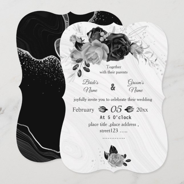 Invitation argent gris et fleurs noires mariage botanique (Devant / Derrière)