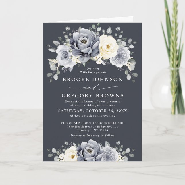 Invitation Argent Gris ivoire Floral hiver Rustique Mariage d (Devant)