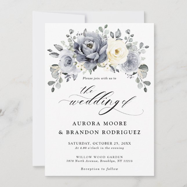 Invitation Argent Gris ivoire Floral hiver Rustique Mariage I (Devant)