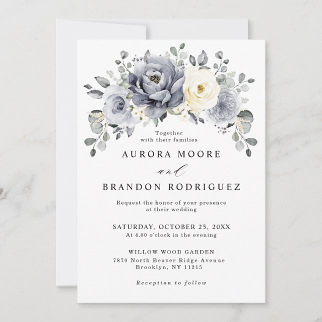 Invitation Argent Gris ivoire Floral hiver Rustique Mariage I (Devant)