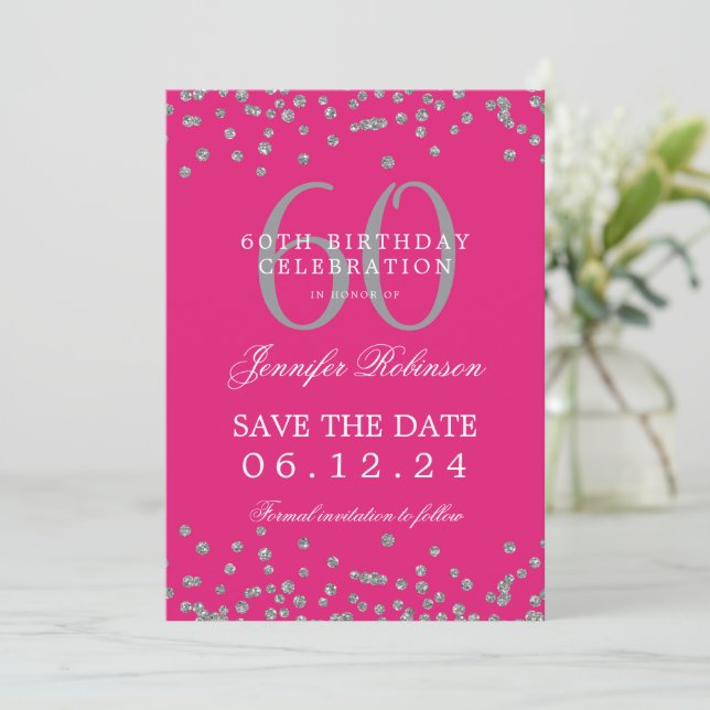 Invitation Argent Hot Pink 60e anniversaire Date de sauvegard (Debout devant)