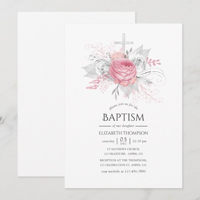 Invitation Argent iridescent et floral rose Baptême (Devant / Derrière)