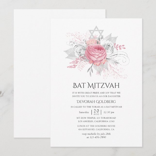 Invitation Argent iridescent et rose floral Bat Mitzvah (Devant / Derrière)