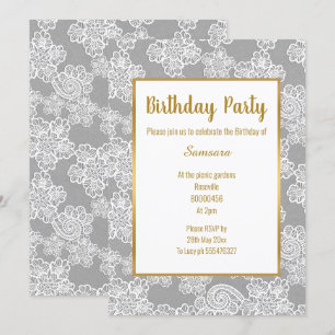 INVITATION ARGENT LACE BLANCHE OR TOUTE OCCASION ANNIVERSAIRE