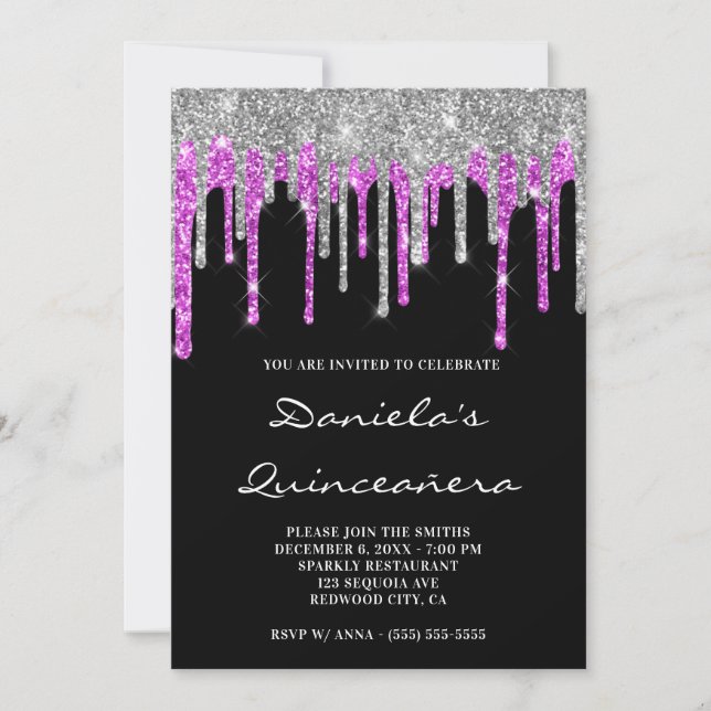 Invitation Argent Magenta Paillettes Gouttes Noire Quinceañer (Devant)