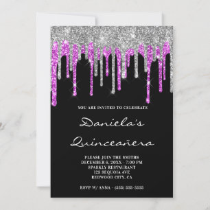 Invitation Argent Magenta Paillettes Gouttes Noire Quinceañer