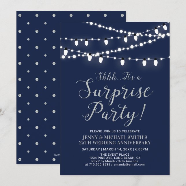 Invitation Argent & Marine | 25e anniversaire de mariage surp (Devant / Derrière)