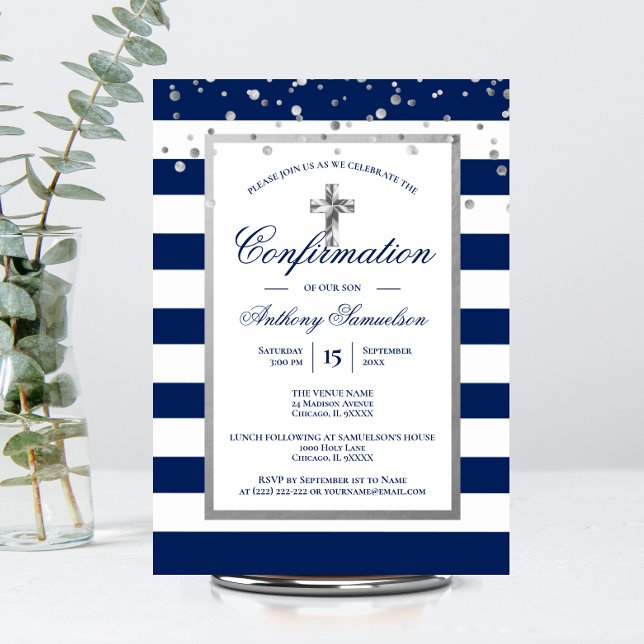 Invitation Argent Marine Bleu Stripes Confirmation Garçon (Créateur téléchargé)