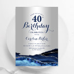 Invitation Argent Marine Blue Agate 40e anniversaire<br><div class="desc">Invitation à la fête du 40e anniversaire en bleu et argent de la Marine. Elégant design moderne avec aquarelle bleu royal agate marbre arrière - plan,  faux argent et typographie script. Carte invitation branchée parfaite pour une célébration anniversaire féminine élégante. Invitations Zazzle imprimées ou téléchargement instantané modèle imprimable numérique.</div>