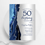 Invitation Argent Marine Blue Agate 50e anniversaire<br><div class="desc">Invitation à la fête du 50e anniversaire en bleu et argent de la Marine. Elégant design moderne avec aquarelle bleu royal agate marbre arrière - plan, faux parties scintillant argent et typographie script police. Carte invitation branchée parfaite pour une célébration anniversaire féminine élégante. Invitations Zazzle imprimées ou téléchargement instantané modèle...</div>
