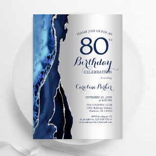 Invitation Argent Marine Blue Agate 80e anniversaire