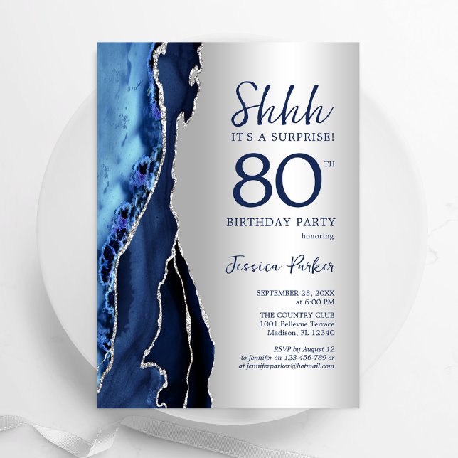 Invitation Argent Marine Blue Agate Surprise 80e anniversaire (Créateur téléchargé)