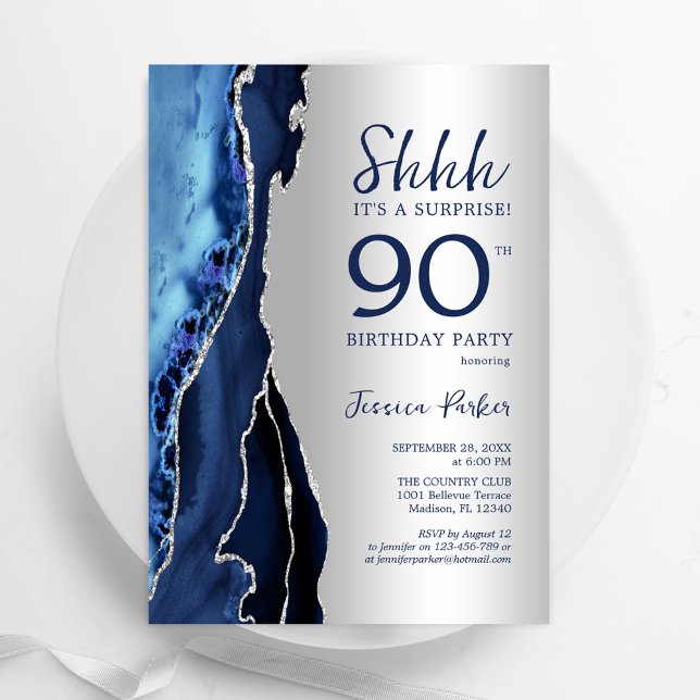 Invitation Argent Marine Blue Agate Surprise 90e anniversaire (Créateur téléchargé)