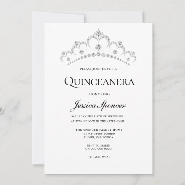 Invitation Argent & Marine Diamond Tiara Quinceanera Invitati (Devant)