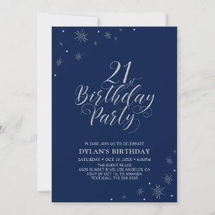 Invitation Argent & Marine   Fête d'anniversaire 21 ans chic 