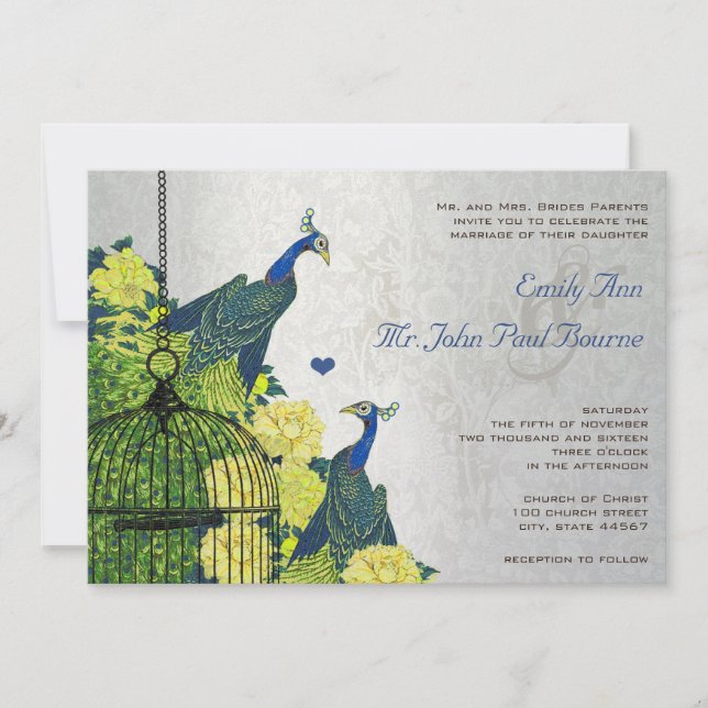 Invitation Argent Marine Jaune Vintage Peacock Birdcage Invit (Devant)