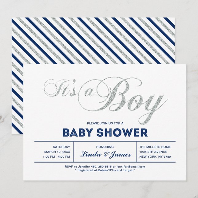 Invitation Argent, Marine | Typographie Moderne pour une Baby (Devant / Derrière)
