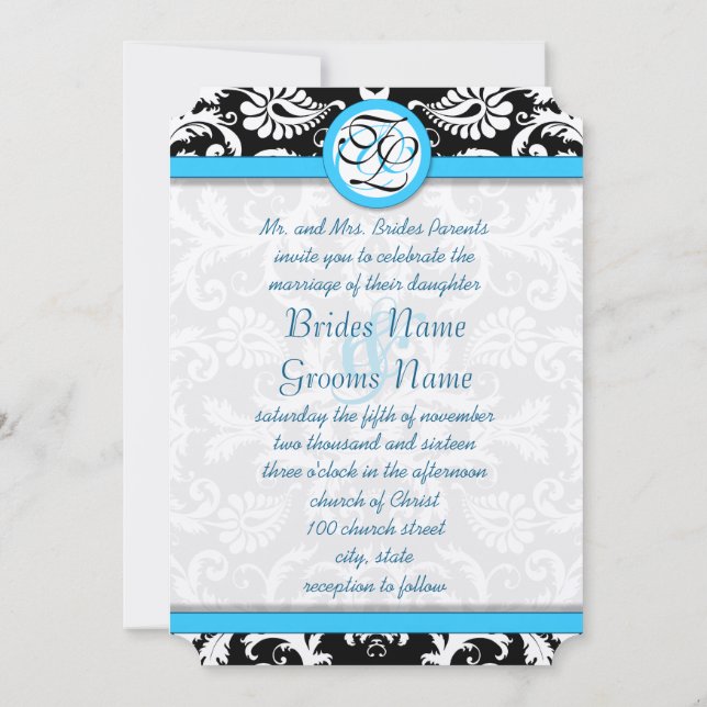 Invitation Argent métal Vintage Damas brillant Aqua Trim (Dos)