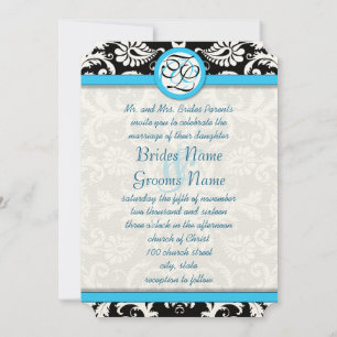 Invitation Argent métal Vintage Damas brillant Aqua Trim