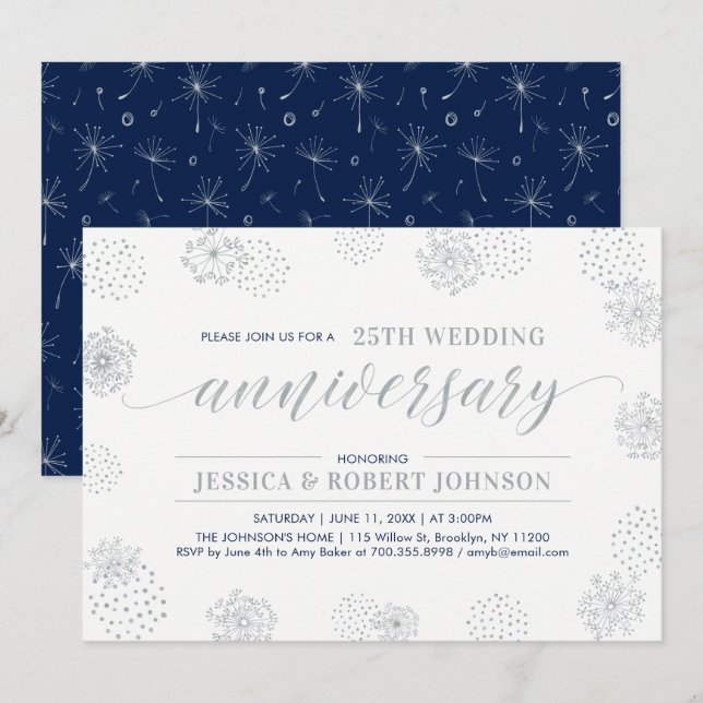 Invitation Argent | Moderne Florale 25e Anniversaire de Maria (Devant / Derrière)