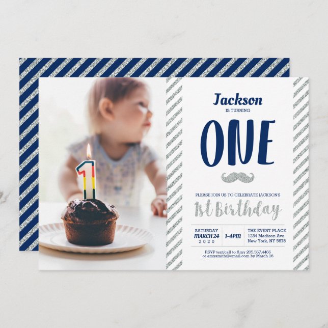 Invitation Argent, Moustache | Boy 1st Birthday Photo (Devant / Derrière)