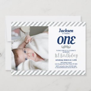 Invitation Argent, Moustache   Boy 1st Birthday Photo