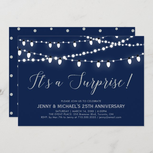 Invitation Argent & Navy | 25e anniversaire de mariage surpri (Devant / Derrière)