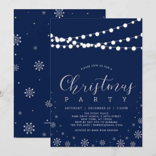 Invitation Argent & Navy | Fête de Noël aux flocons de neige  (Devant / Derrière)