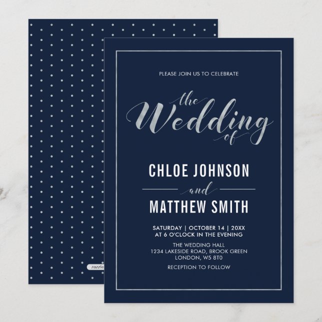 Invitation Argent & Navy | Mariage de typographie moderne sim (Devant / Derrière)