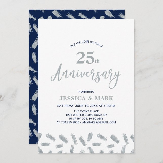 Invitation Argent & Navy | Moderne 25e anniversaire de mariag (Devant / Derrière)