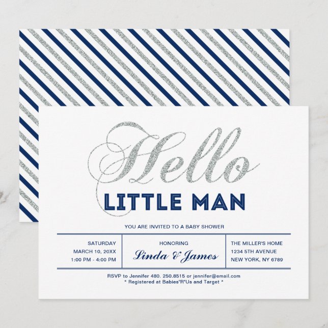 Invitation Argent, Navy | Typographie Moderne Garçon Baby Sho (Devant / Derrière)