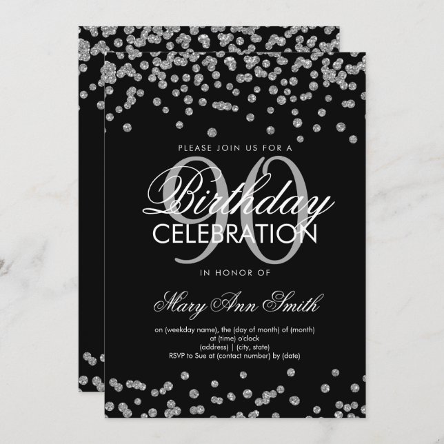 Invitation Argent Noir 90e anniversaire Parties scintillant C (Devant / Derrière)