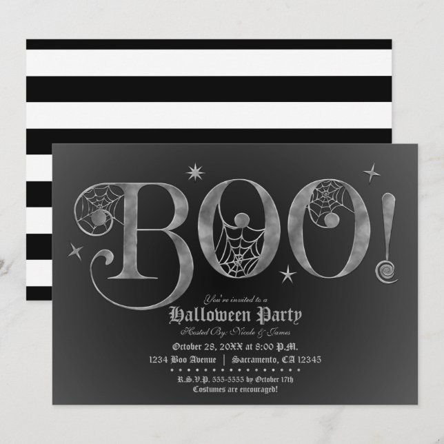 Invitation Argent & Noir BOO Élégante Fête d'Halloween (Devant / Derrière)