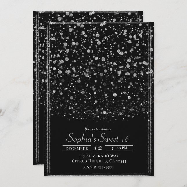Invitation Argent & Noir Confetti Splatter Sweet 16 Party (Devant / Derrière)